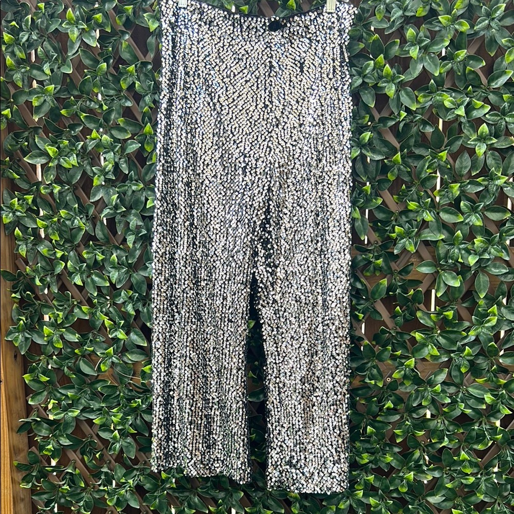 Anthropologie Silver Sequin Wide Leg Pants